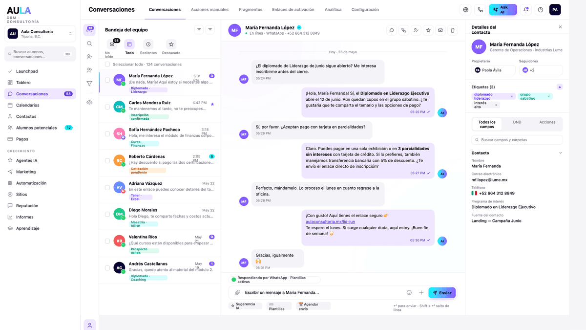 Vista del CRM de Aula Consultoría — conversaciones centralizadas por canal