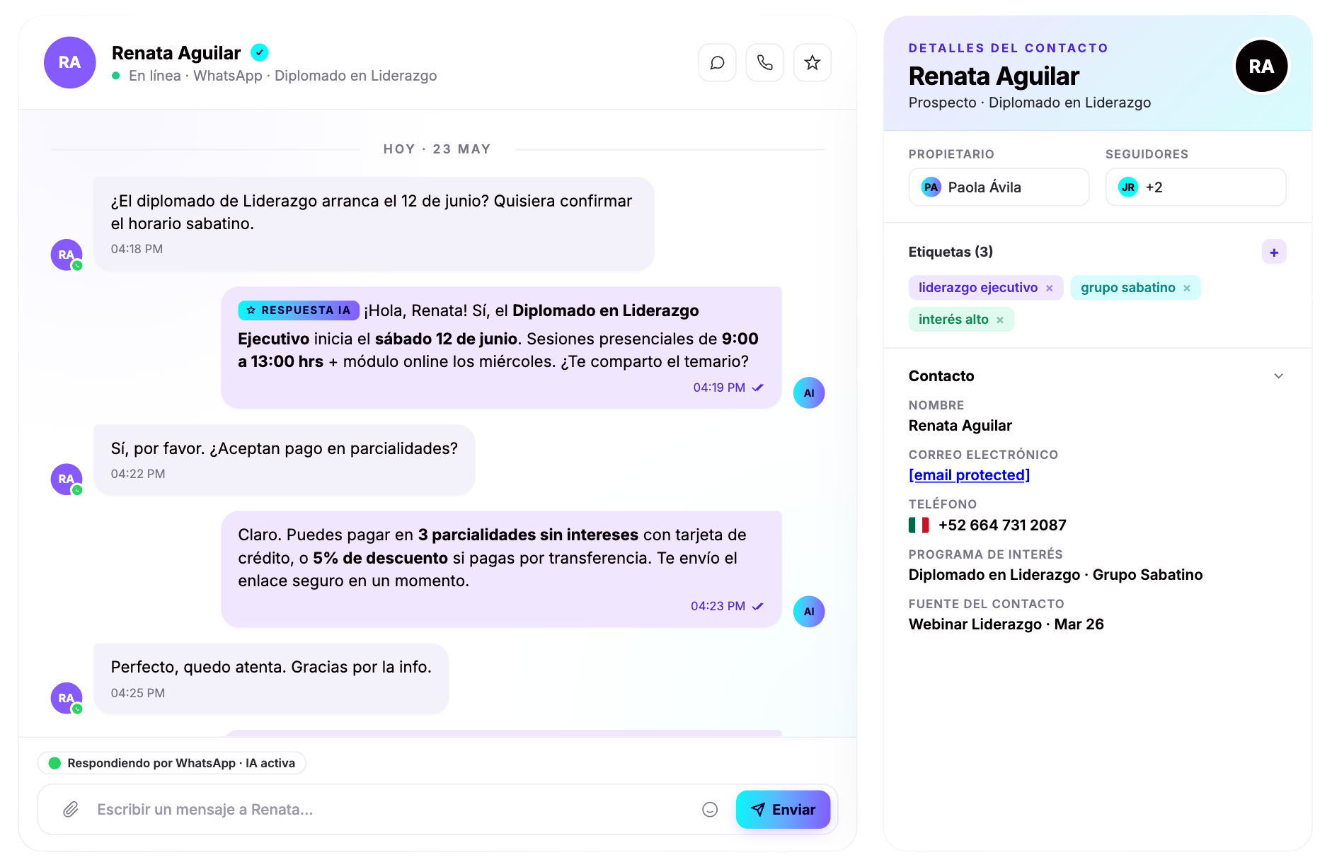 Conversación con prospecto y panel de contacto